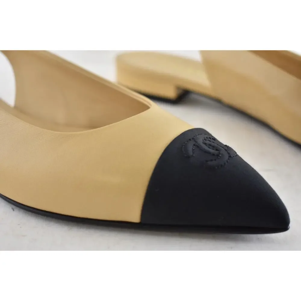 Chanel 24A Beige Leather Black CC Logo Coco Slingback Pointed Ballet Flat 38.5 - Picture 7 of 16